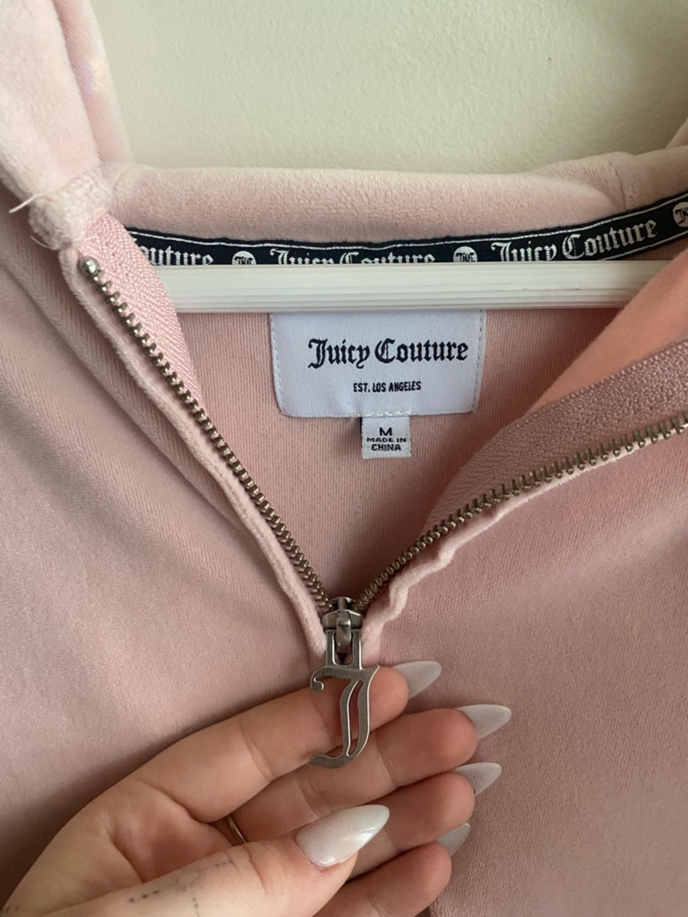 Juicy Couture Light Pink Velour Hoodie with J Zipper Pull